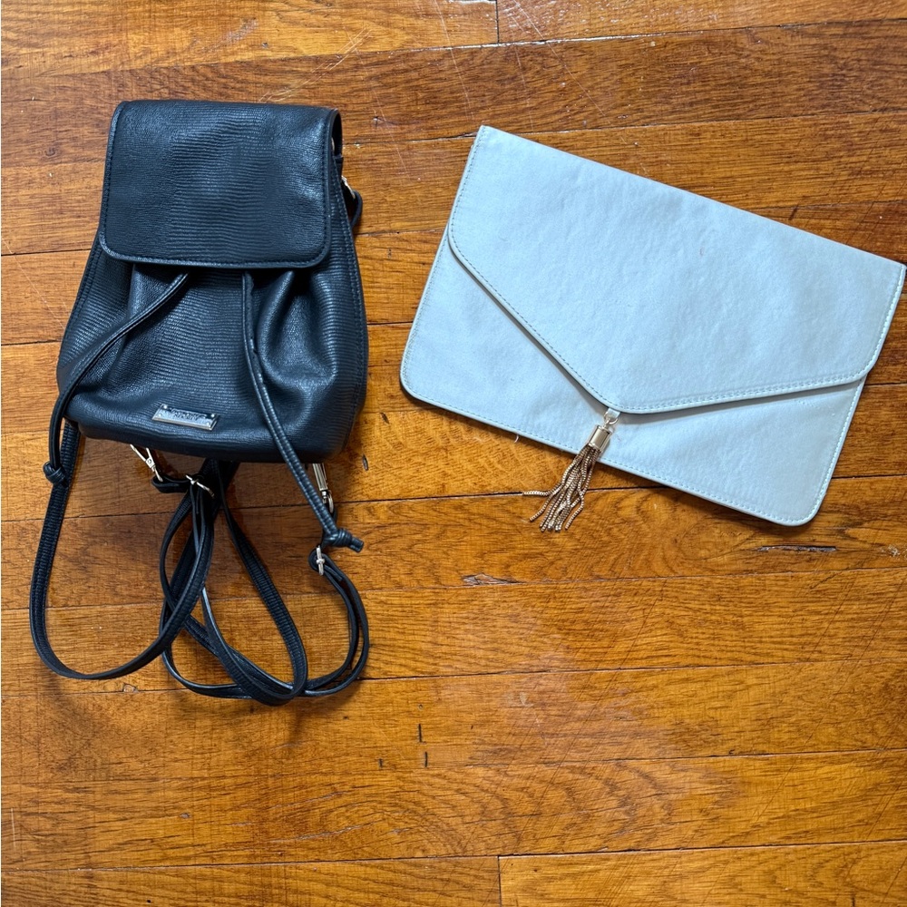 Black Leather Backpack and White Clutch Set